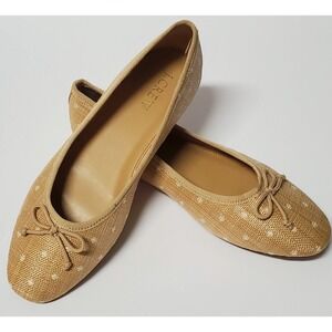 J. Crew Ballet Flats Tan 7 Raffia Maize & White Polka Dots Bows Rubber Sole Shoe